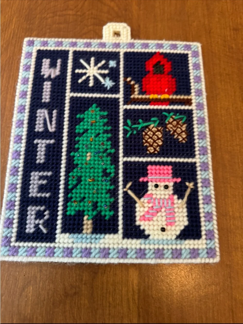 Handmade Winter Needlepoint Wall Hanging - Cardinal snowman
